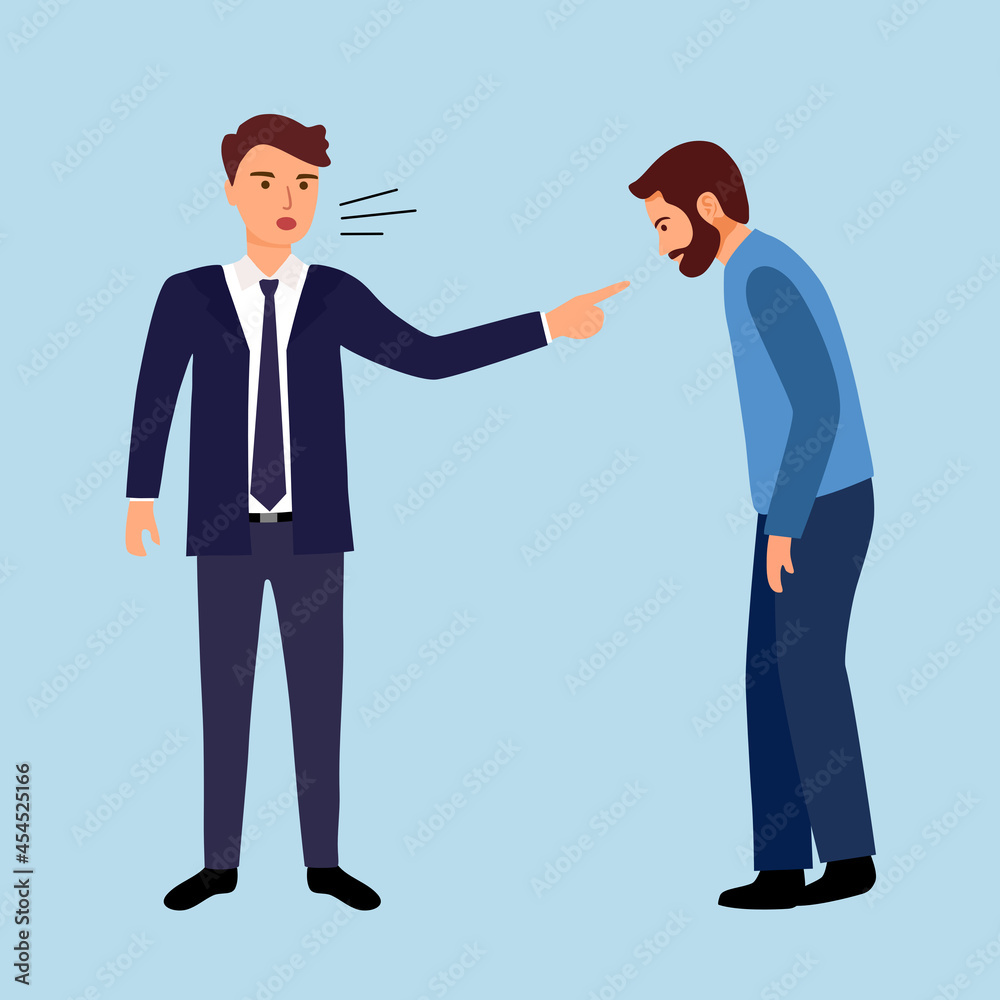 Angry boss blaming man employee for his work mistake in flat design. Angry boss blaming man employee for his work mistake in flat design.