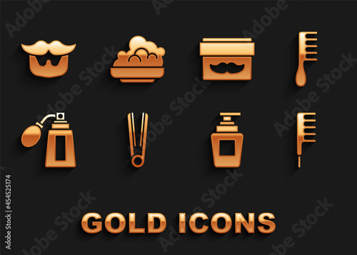 Set Curling iron for hair, Hairbrush, Bottle of shampoo, Aftershave bottle with atomizer, Cream lotion cosmetic jar, Mustache and beard and Shaving gel foam icon. Vector