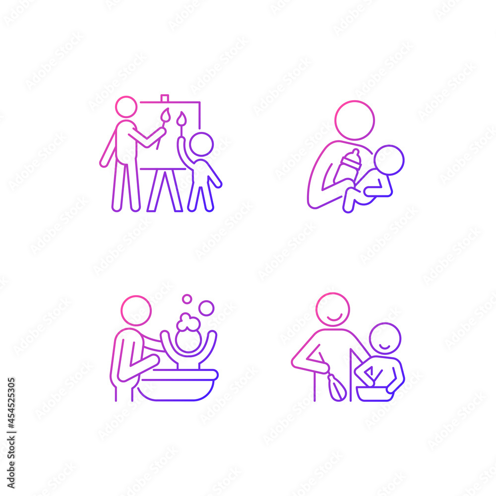 Parent-child bonding gradient linear vector icons set. Painting together. Bottle feeding. Bathing child. Cooking class. Thin line contour symbols bundle. Isolated outline illustrations collection Parent-child bonding gradient linear vector icons set. Painting together. Bottle feeding. Bathing child. Cooking class. Thin line contour symbols bundle. Isolated outline illustrations collection