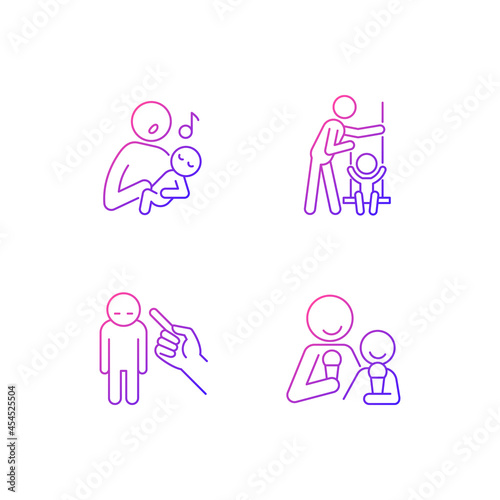 Child care gradient linear vector icons set. Singing to baby. Playing on swings. Punishment gesture. Emotional bond. Thin line contour symbols bundle. Isolated outline illustrations collection