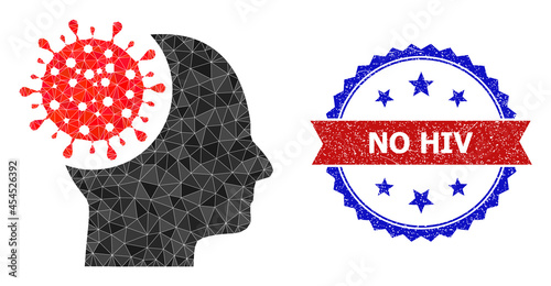 Low-poly brain virus polygonal 2d illustration, and grunge bicolor rosette seal stamp, in red and blue colors. Collage brain virus designed of chaotic color triangles.