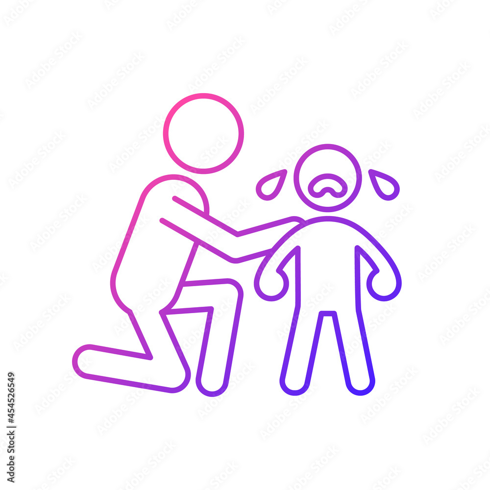 Comforting crying child gradient linear vector icon. Cuddling and softly talking to kid. Showing empathy. Thin line color symbol. Modern style pictogram. Vector isolated outline drawing Comforting crying child gradient linear vector icon. Cuddling and softly talking to kid. Showing empathy. Thin line color symbol. Modern style pictogram. Vector isolated outline drawing