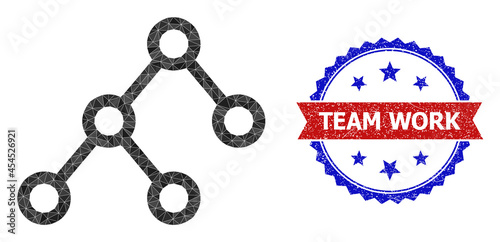 Lowpoly binary connections polygonal 2d illustration, and grunge bicolor rosette stamp, in red and blue colors. Mosaic binary connections formed of scattered filled triangles.