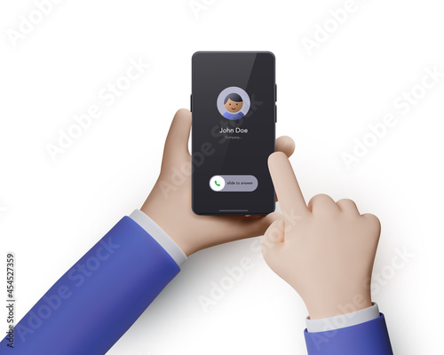 Two realistic hands with a phone isolated on a white background. Phone in hand and second hand indicates action on the screen. Vector illustration