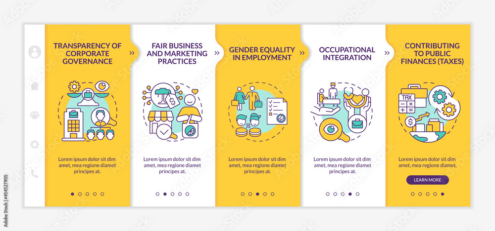 Corporate social responsibility matters onboarding vector template. Responsive mobile website with icons. Web page walkthrough 5 step screens. Color concept with linear illustrations