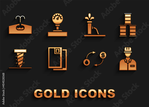 Set Barrel oil, Oilman, exchange, Rotating drill digging hole, pump or pump jack, Oilfield and Gauge scale icon. Vector
