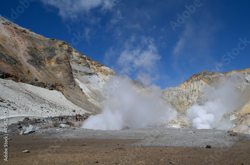 Landscape. The valley of fumaroles in the eruption of boiling water vapor and sulfur.