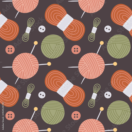 Seamless cute boho vector sewing and knitting pattern with ball of thread, buttons, spool of thread, knitting needle, threads