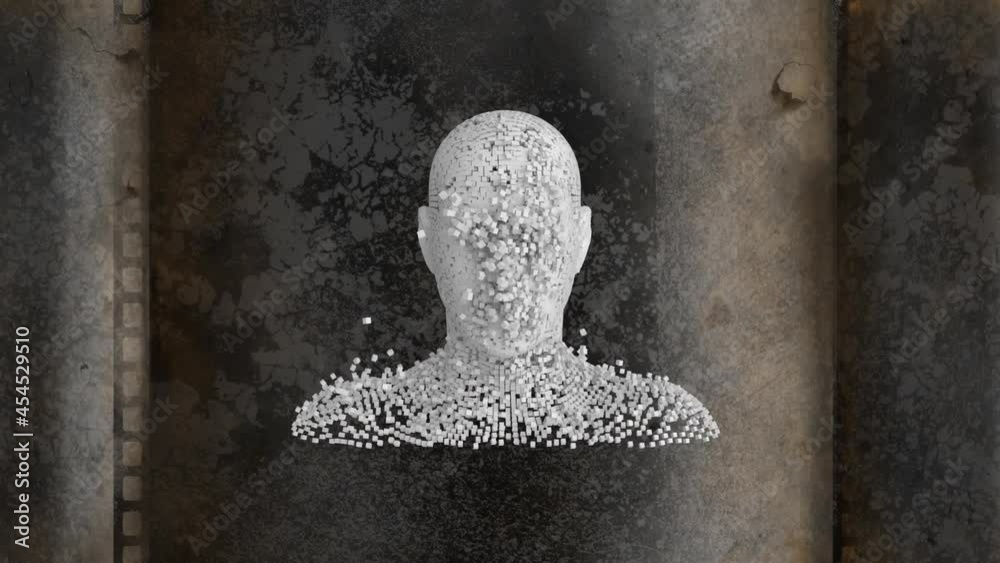 Animation of human head formed with exploding particles over dark background