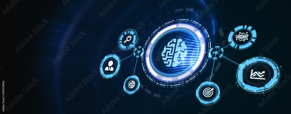 Artificial intelligence (AI), machine learning and modern computer technologies concepts. Business, Technology, Internet and network concept. 3d illustration