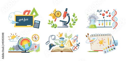 Back to school set. Studying different science discipline with equipment cartoon vector
