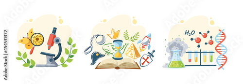 Back to school set. Studying different science discipline with equipment cartoon vector