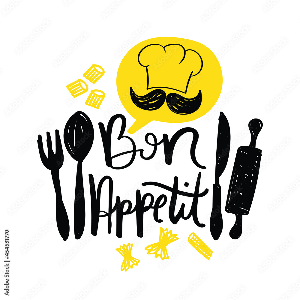 Bon appetit hand lettering text, restaurant, kitchen, cooking concept