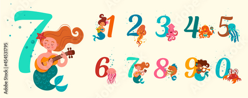 Vector illustration of numbers in a marine theme. Figures of mermaids, jellyfish, fish, colmar, crab, octopus. Poster, postcard for children.