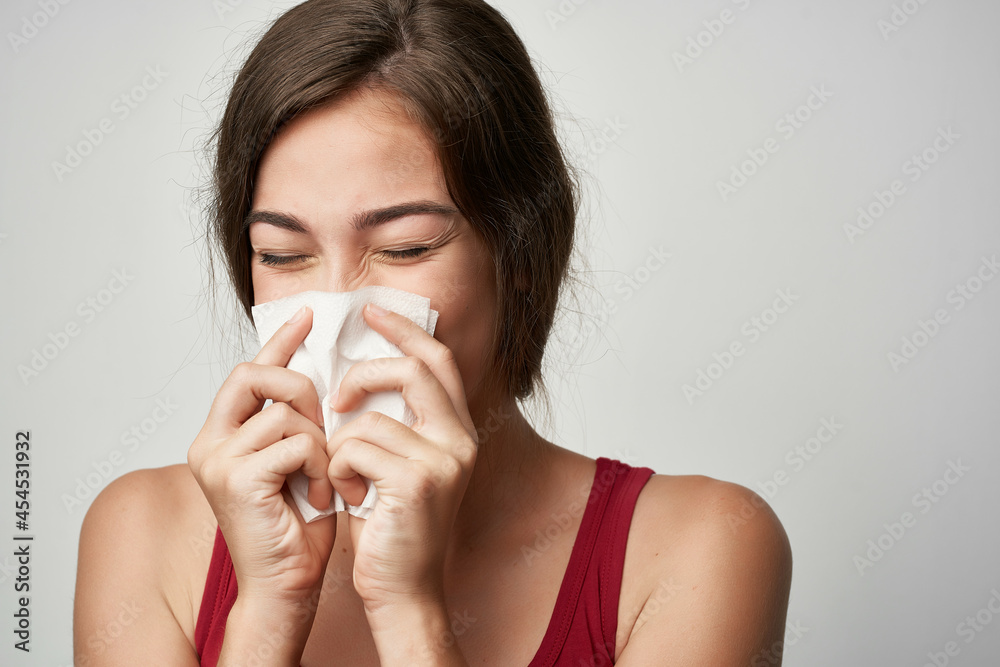 cold woman with headscarf runny nose health close-up cold woman with headscarf runny nose health close-up