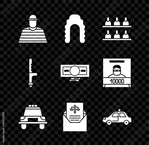 Set Prisoner, Judge wig, Jurors, Police car and flasher, Subpoena, rubber baton and Stacks paper money cash icon. Vector