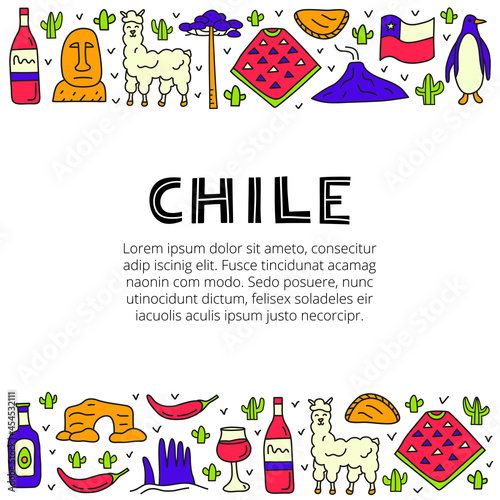 Poster with lettering and doodle colored Chile icons.