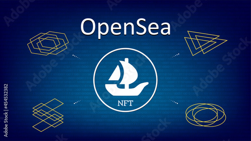 OpenSea text and logo internet platform NFT token market and auction on digital blue background. New trend in collectibles sales. Banner for news and media. Vector illustration. photo