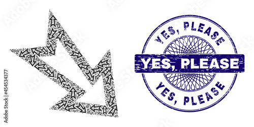 Recursive collage arrow right down and Yes, Please round textured stamp. Violet stamp includes Yes, Please text inside circle and guilloche technique.