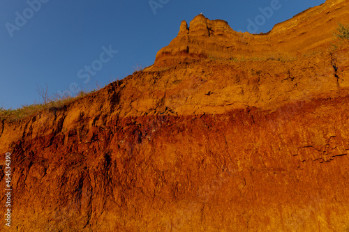 Geology. Desert landscape. Panorama view of the sandstone formation, the rocky cliffs, sand. Background or texture of sandy cliff on the coast, orange limestone