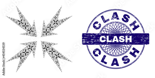 Recursive mosaic compression arrows and Clash round textured stamp. Blue stamp includes Clash text inside circle and guilloche style.