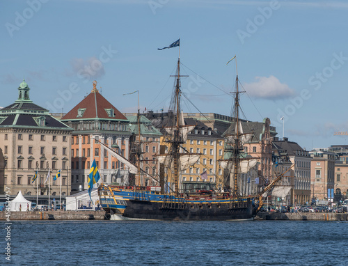Old sailing replica of the Swedish East Indiaman Götheborg I in the harbor of Stockholm city