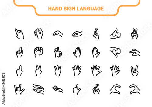 Vector icon line and fill set. Hand sign language collection: ok, rock, like, love, finger, dislike, arm, peace, stop