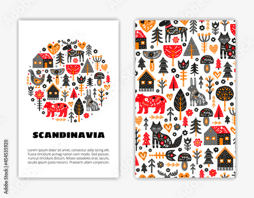 Card templates with doodle Scandinavian icons.