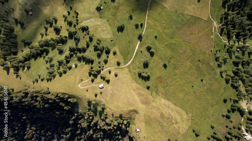 A Stunning Meadow in the Dolomites Mountains in South Tyrol, Aerial Top Down View