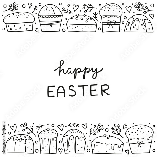 Poster with doodle outline Easter kulich cakes.