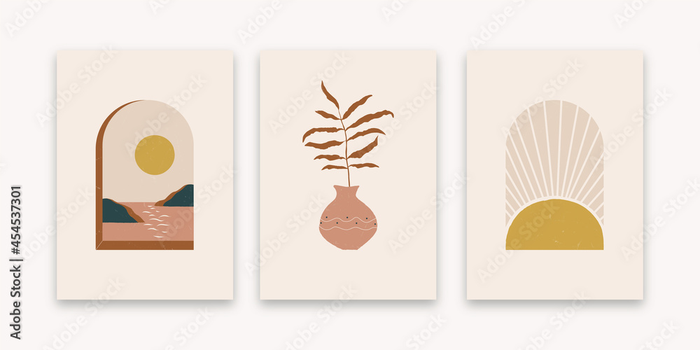Modern minimalistic abstract aesthetic illustrations. Bohemian-style wall decor. Collection of modern art poster. Boho style.