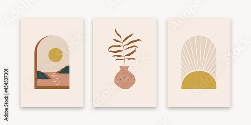 Modern minimalistic abstract aesthetic illustrations. Bohemian-style wall decor. Collection of modern art poster. Boho style.