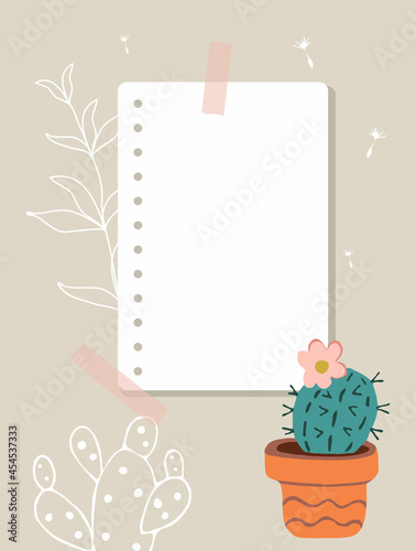 A sheet of notepad taped to wall. Note paper, cactus in a red pot, white contours of plants in the background. Vector illustration, flat style.