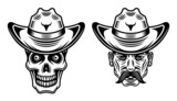 Cowboy man head with mustache and skull in hat vector illustration in vintage monochrome style isolated on white background
