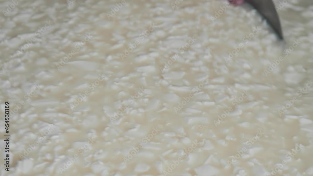 Cheese making industry man worker in gloves mixing fresh pieces of a