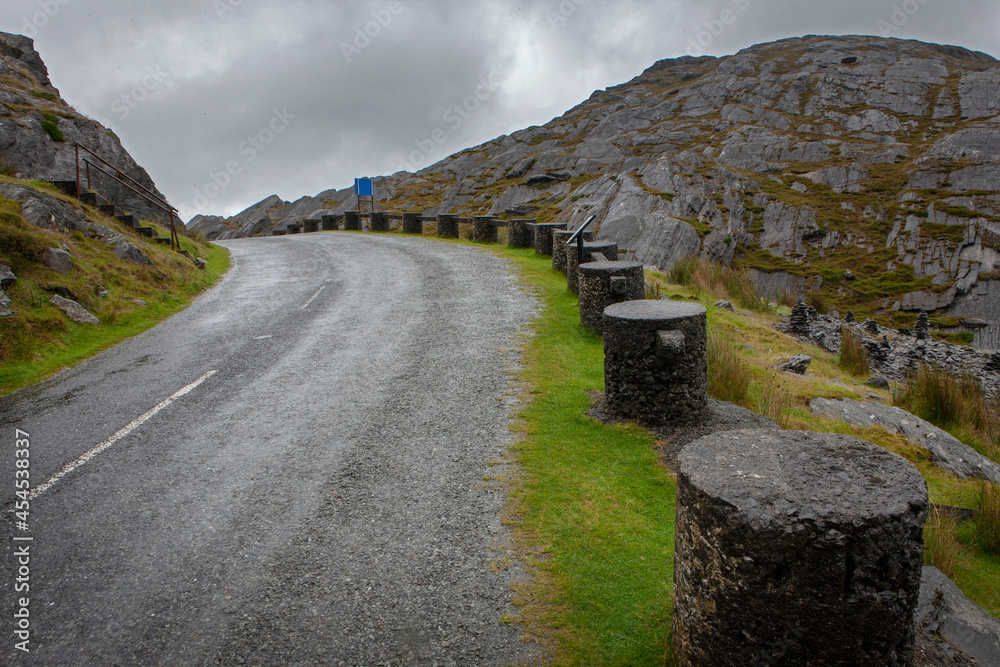 Killarney Ireland Ring of Kerry. Road in the mountains. Foggy day. Rainy.