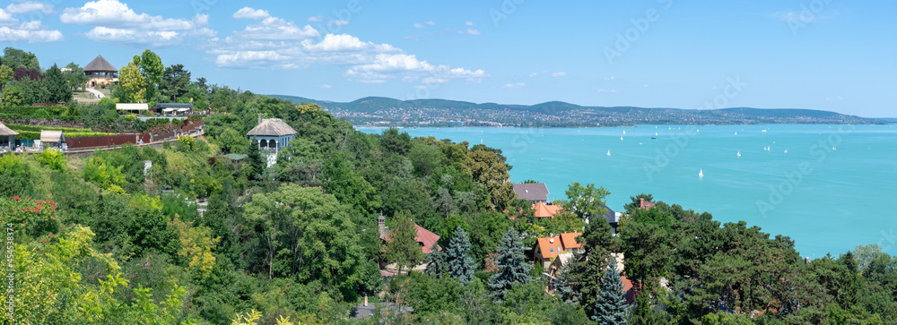 Panorama of Lake Balaton in Hungary from the slope in the village of Tihany 