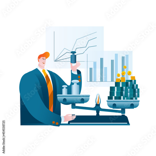 The trader weighs the profit on the scales. A metaphor on the topic of income from investments. Vector illustration.