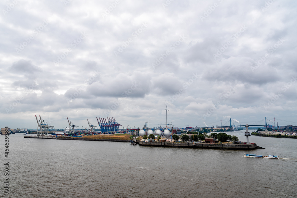 Aerial view of the industrial port of Hamburg in Germany. Cloudy day