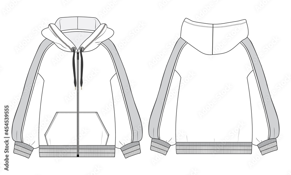 Vecteur Stock Long Sleeve Hoodie with zipper Fashion overall Technical flat  sketch template front and back views. Men's sweatshirt vector illustration  mock up. Easy edit and customizable. | Adobe Stock