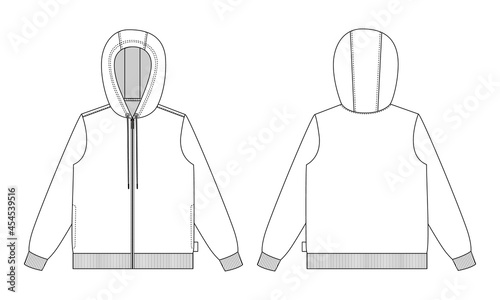 Long Sleeve Hoodie with zipper overall  Technical Fashion flats sketch vector illustration template front and back views Isolated on white background. Easy edit and customizable.