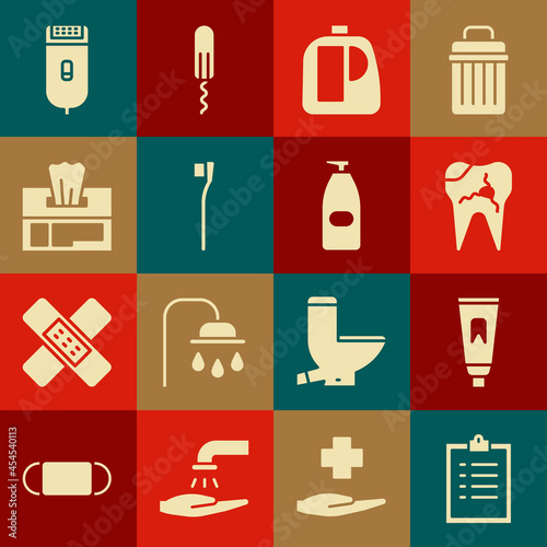 Set Clipboard with checklist, Tube of toothpaste, Broken, Bottles for cleaning agent, Toothbrush, Wet wipe pack, Electrical hair clipper shaver and liquid antibacterial soap icon. Vector