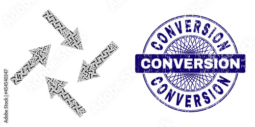 Fractal collage centripetal arrows and Conversion round unclean stamp. Blue stamp includes Conversion tag inside circle and guilloche decoration.
