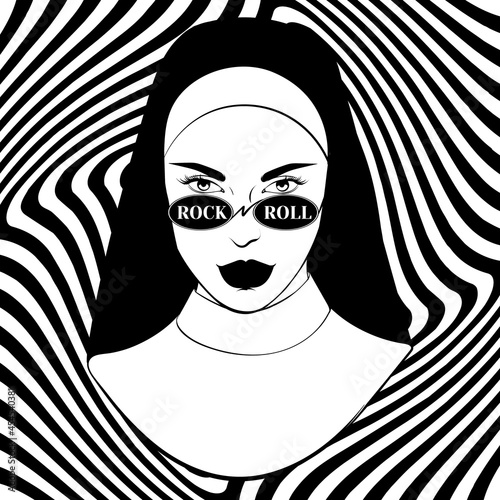 Rock'n' roll. Vector hand drawn  illustration of nun in sunglasses.  Creative tattoo artwork. Template for card, poster, banner, print for t-shirt, pin, badge, patch.