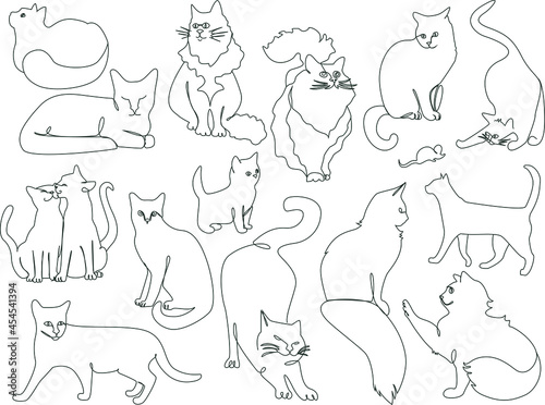 Collection of different cats. Vector line art illustration. One line isolated illustration on a white background