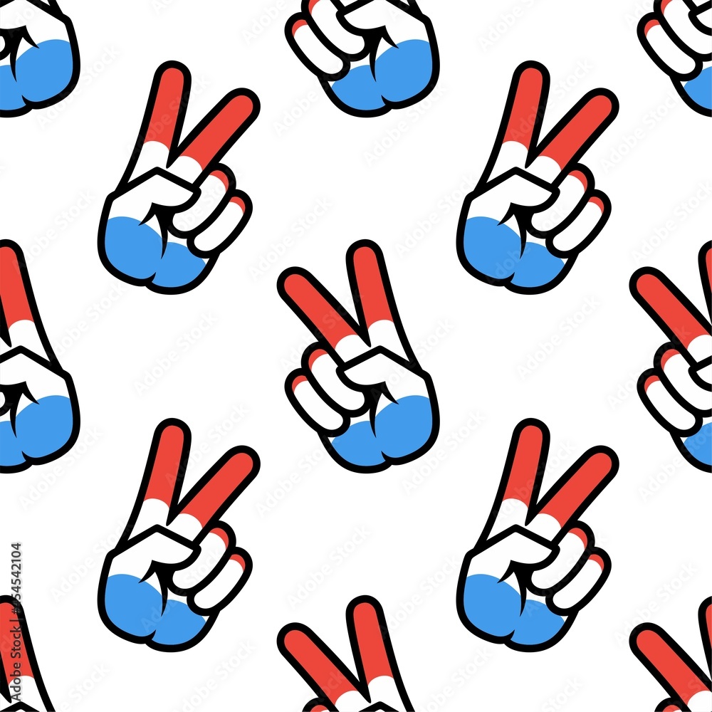 Netherlands flag in the form of a peace sign. Seamless background. Gesture V victory sign, patriotic sign, icon for apps, websites, T-shirts, souvenirs, etc., isolated on white background Netherlands flag in the form of a peace sign. Seamless background. Gesture V victory sign, patriotic sign, icon for apps, websites, T-shirts, souvenirs, etc., isolated on white background