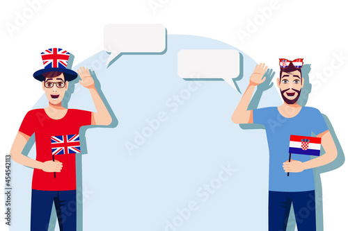 Men with British and Croatian flags. The concept of international communication, education, sports, travel, business. Dialogue between the United Kingdom and Croatia. Vector illustration.
