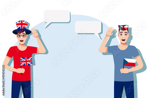 The concept of international communication, sports, education, business between the United Kingdom and Czech. Men with British and Czech flags. Vector illustration.