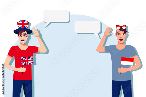 Men with British and Indonesian flags. The concept of international communication, education, sports, travel, business. Dialogue between the United Kingdom and Indonesia. Vector illustration.