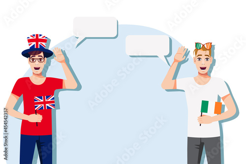 Men with British and Irish flags. Background for text. Communication between native speakers of the United Kingdom and Ireland. Vector illustration. 
